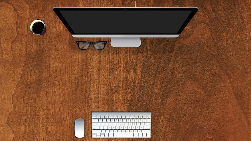 Computer, Apple, Coffee, Keyboard, Mouse, Desk Blank, Empty, Wood, Glasses, Business, Apple Computer