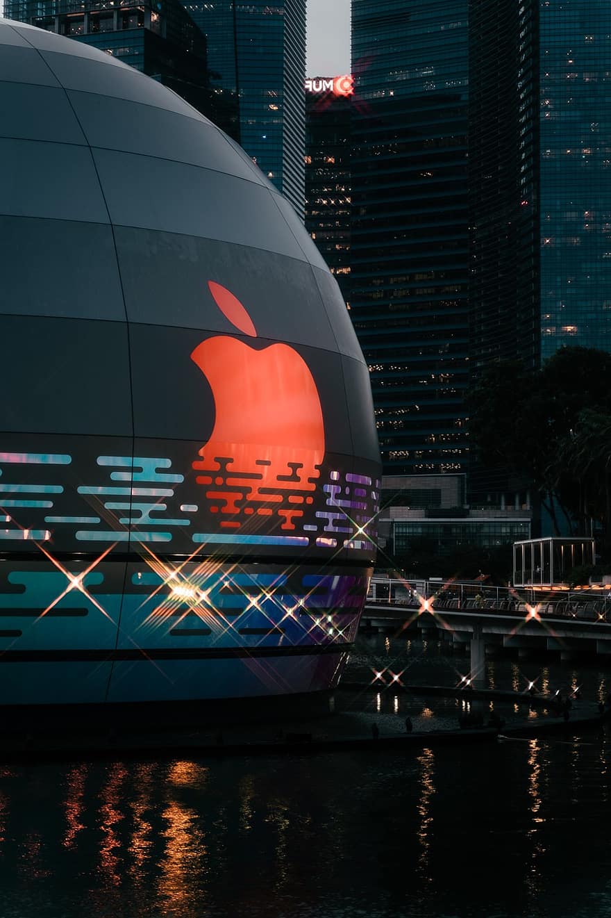 jabłko, główna siedziba, logo, budynek, architektura, technologia, światła, Miasto, miejski