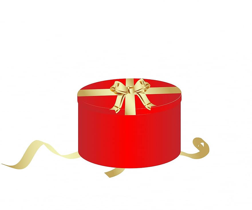 उपहार बॉक्स, उपहार, डिब्बा, लाल, गोल, ढक्कन, धनुष, फीता, रिबन, सोना, सजावटी