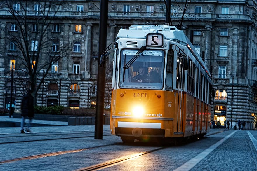 raitiovaunu, katu, yö-, Julkinen liikenne, julkinen liikenne, Budapest, kaupunki, Unkari, kaupunki-