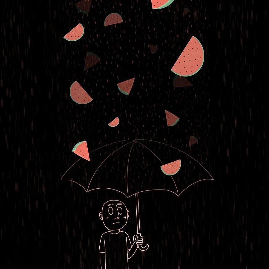スイカ、男の子、傘、雨、雨が降って、降雨、シュールな、漫画、想像力、ファンタジー、創造性