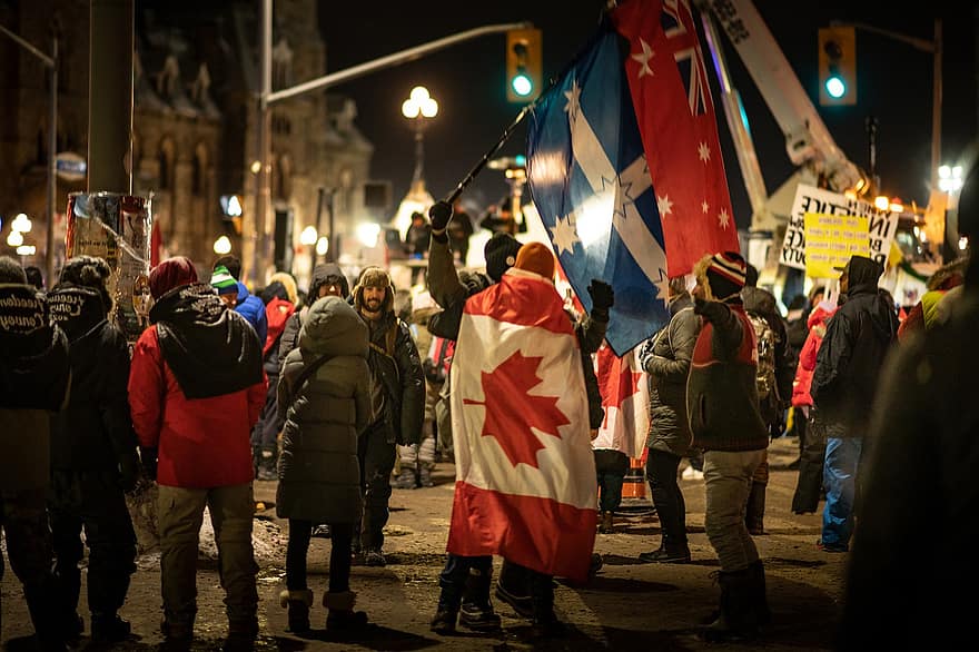抗議、カナダ、domコンボイ、オタワ、冬、群集、男達、お祝い、文化、論説、夜