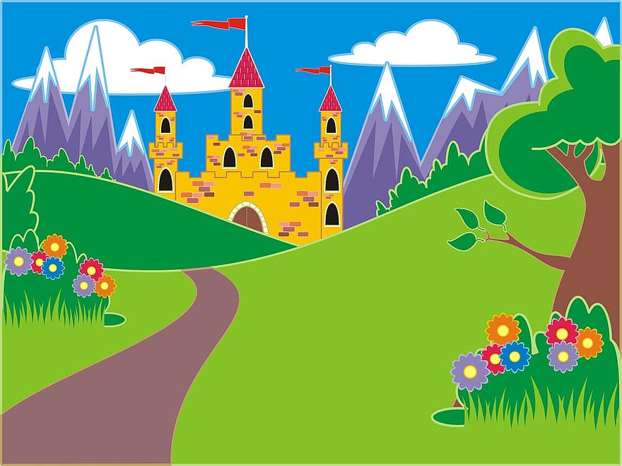 dibujos animados, colina, árbol, medieval, prado, flor, hoja, castillo, palacio, hierba, edificio