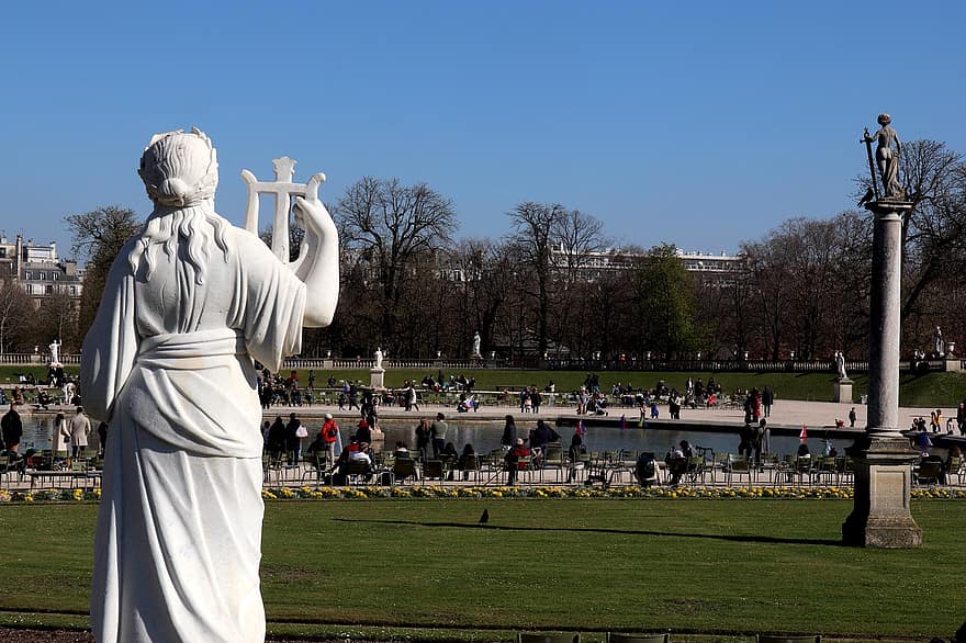Skulptur, Statue, Pierre, Öffentlicher Garten, Sonne, Frühling, Bäume, Geäst, Paris, Frankreich, berühmter Platz