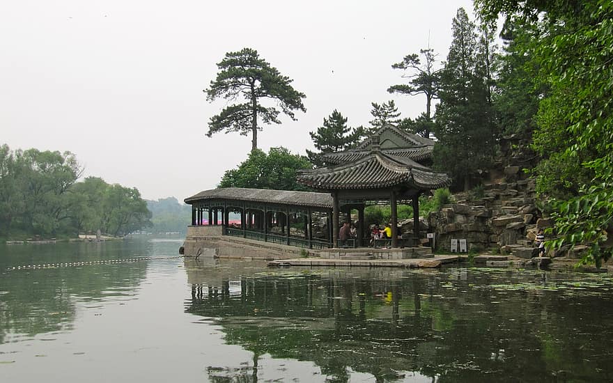 pavilon, tó, park, Kína, kert, víz, visszaverődés, fa, építészet, tájkép, kultúrák