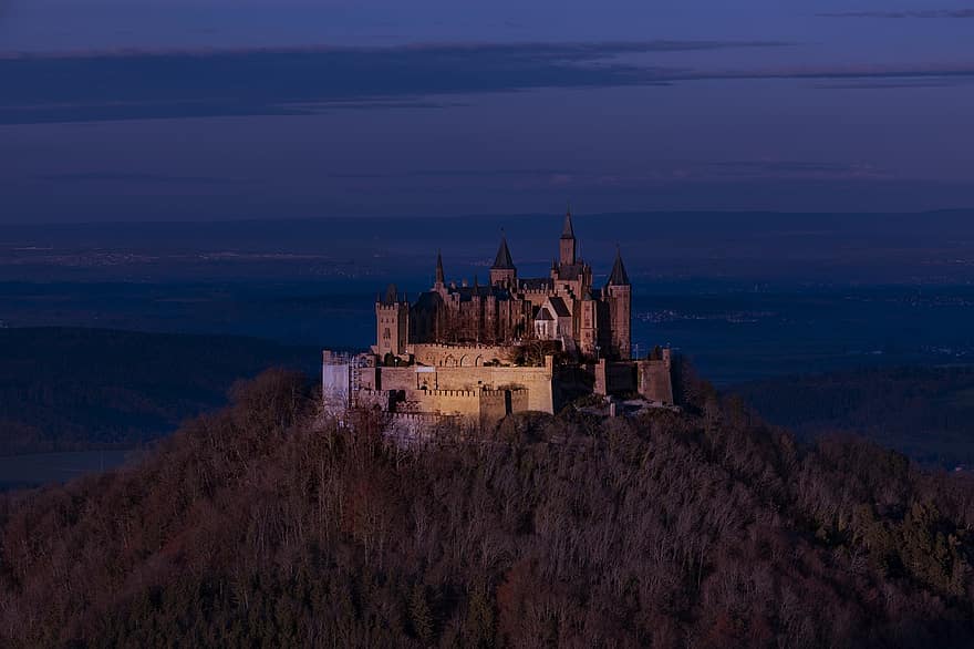 castel, fortăreață, monument, apus de soare, răsărit, orășel, Hohenzollern, Baden-Württemberg, Schwäbische Alp, turism, arhitectură