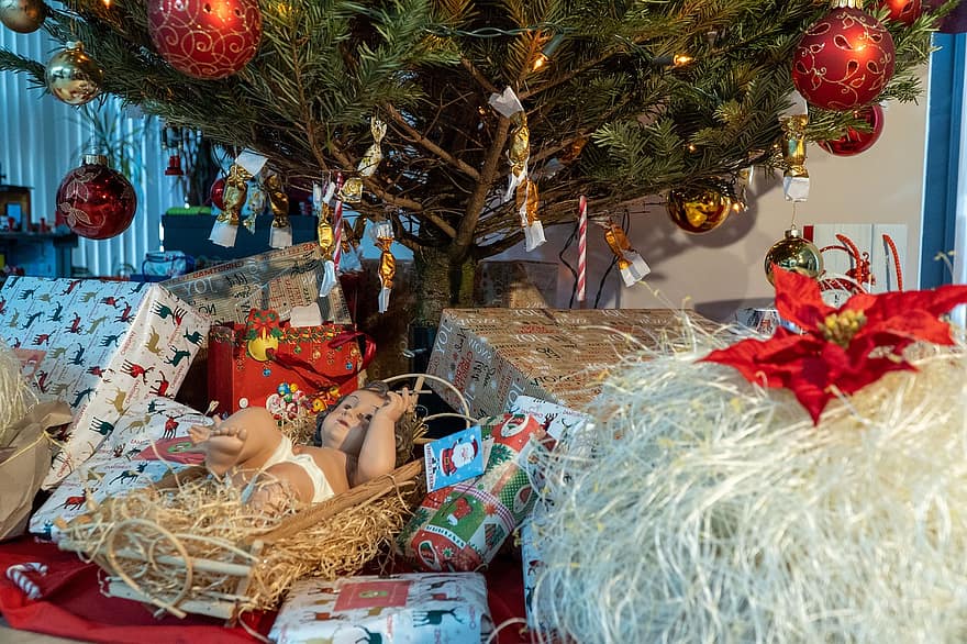 festlig, jul, grannlåt, Jesus, träd