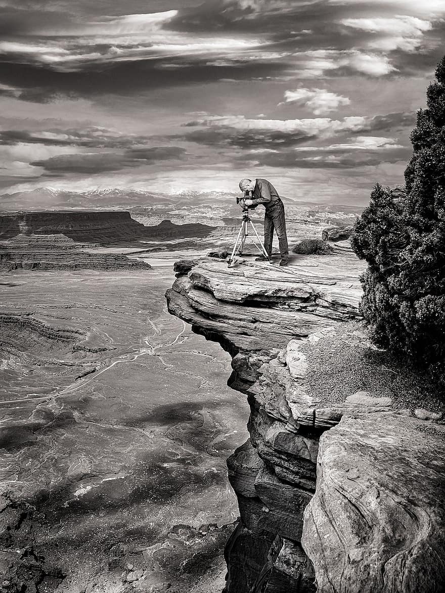 fotógrafo, penhasco, deserto, moab, parque nacional de canyonlands, desfiladeiro