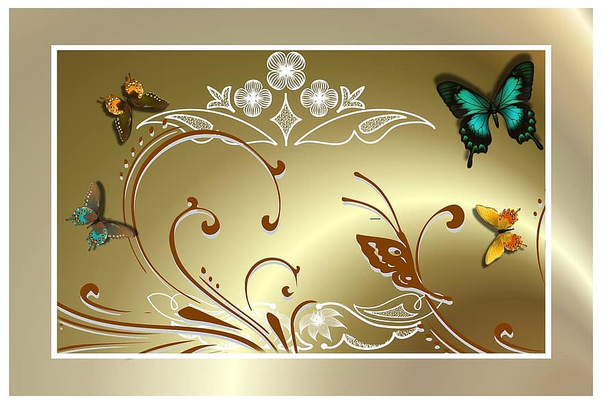 baggrund, blomster, guld, plante, sommerfugl, invitation
