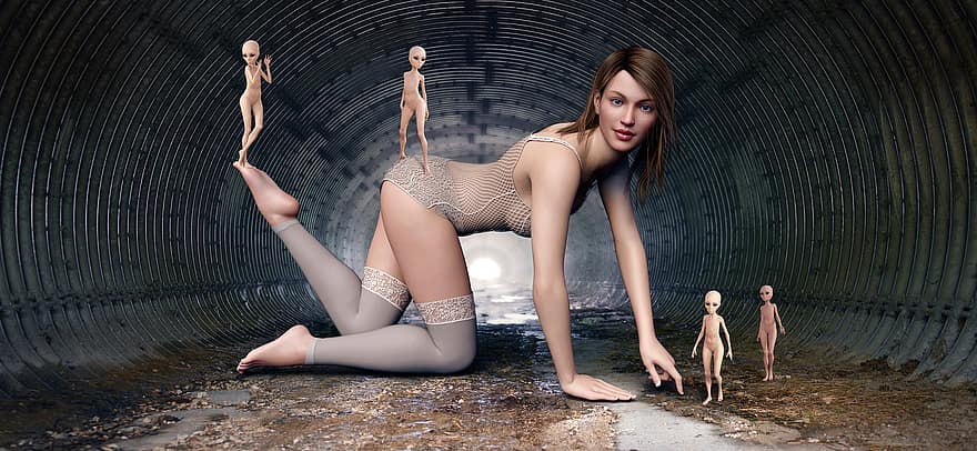 Fantasy, Tunnel, Girl, Alien, Peaceful, Friends, Mysterious, Surreal, Dark, Body, Pose