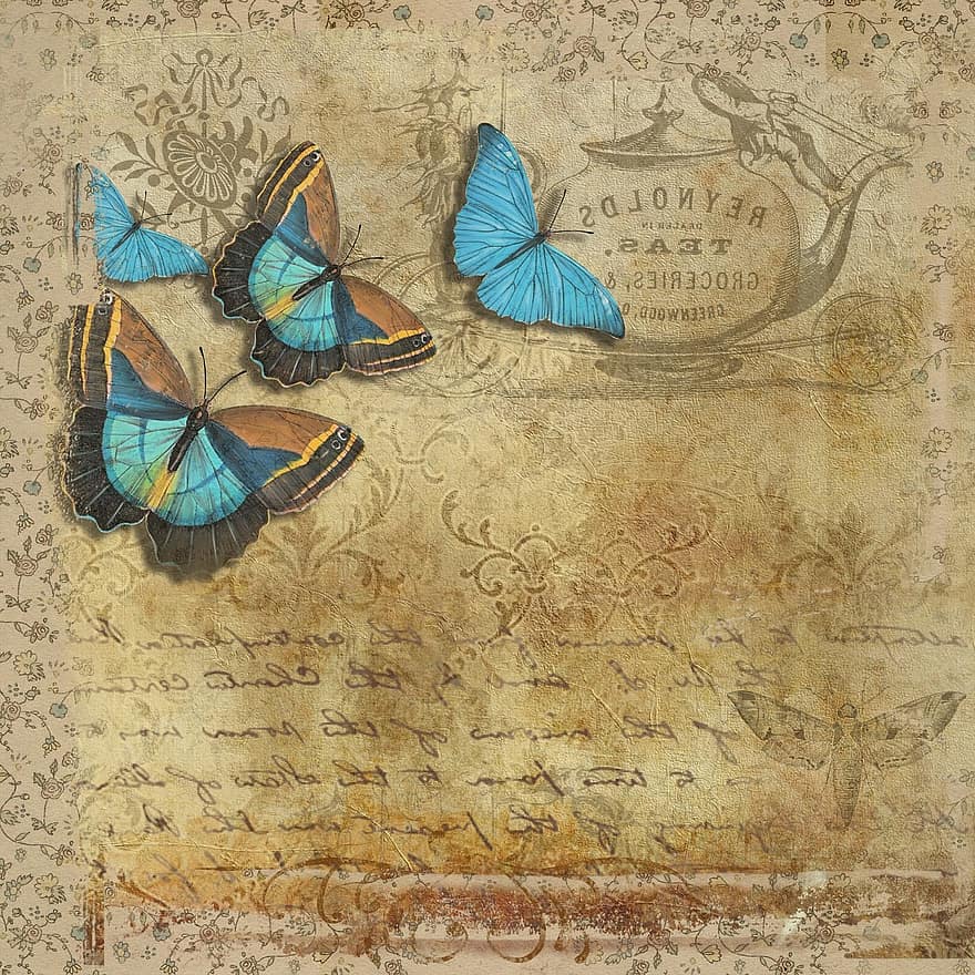 vlinder, wijnoogst, handgeschreven, tekst, pagina, zacht, romantisch, scrapbooking, plein, kunst en ambachten, pastel
