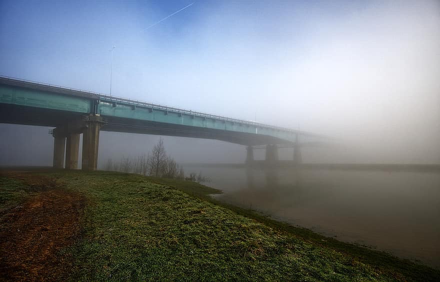 most, zamglenie, Holandia, rzeka, mgła, wcześnie rano, Natura, transport, architektura, woda, ruch drogowy