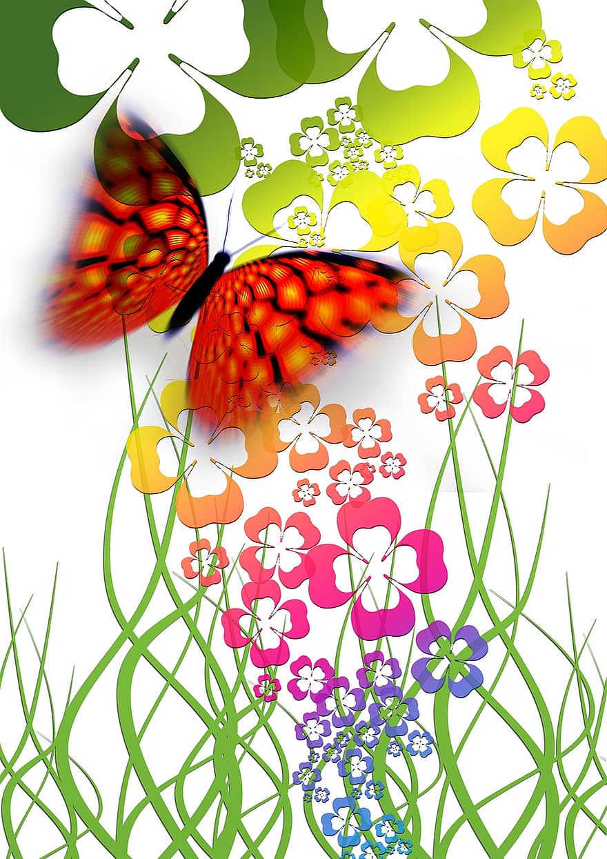 papallona, klee, sort, targeta de felicitació, flors, colorit, collage