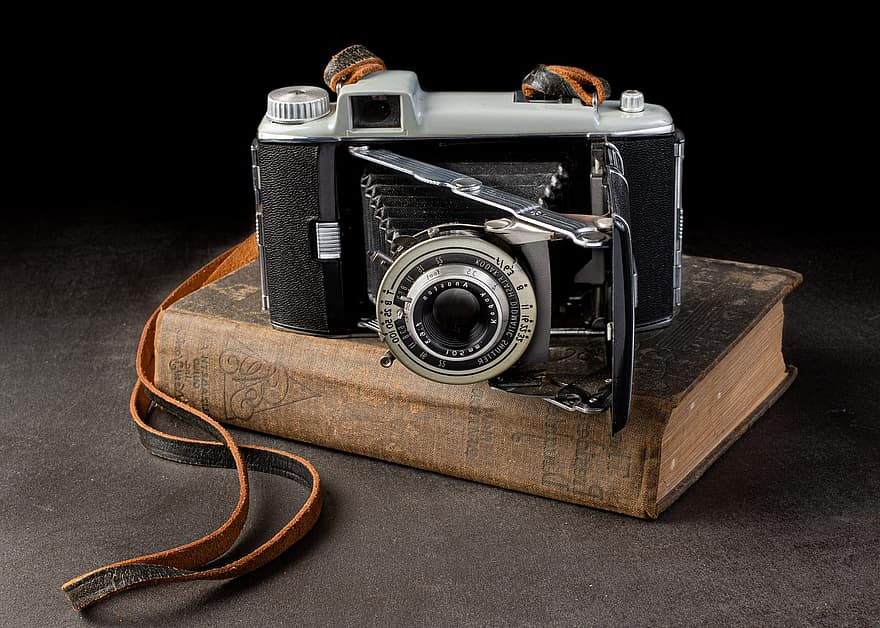 kamera, lins, bok, rem, Utrustning, fotografi, gammal, antik, årgång