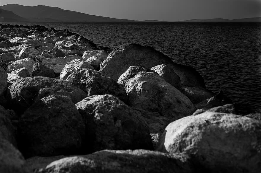 rotsen, kust, zee, zwart en wit, kust-, natuur, kustlijn, zonsondergang, schemer, avond