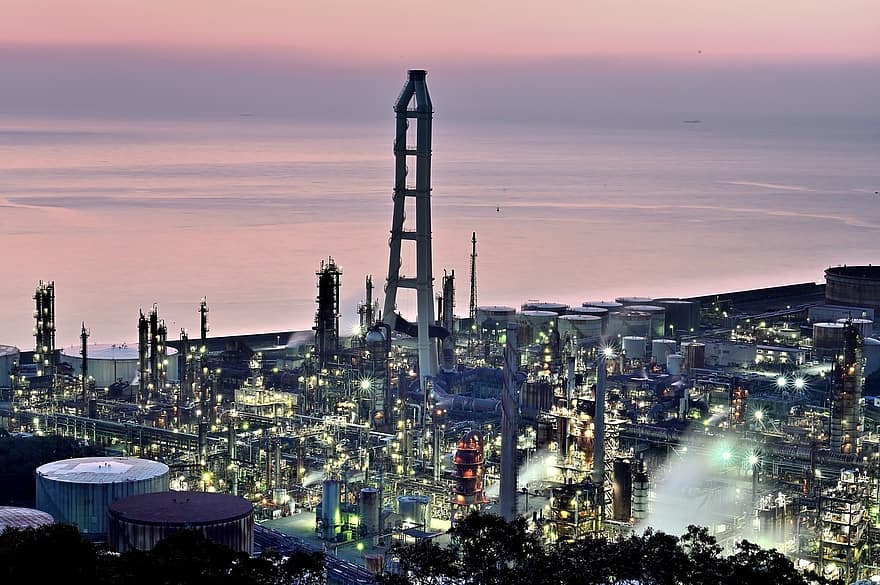 Sunset, Plant, Sea, industry, night, factory, fuel and power generation, dusk, oil industry, refinery, pollution