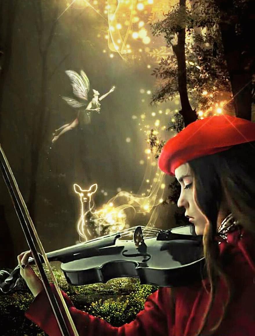 fantasia, menina, violino, jogando, instrumento musical, fada, luzes, arvores, floresta, mágico, místico