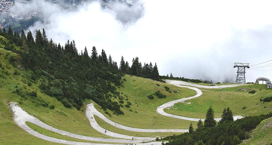 Montagne, chemin, Innsbruck, route, été, scène naturelle, forêt, des nuages, paysage, herbe, Prairie