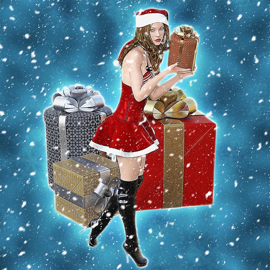 julmotiv, dekorativ, santa hatt, gåvor, jul, kvinna, stövlar, santa, kostym, göra, digital konst