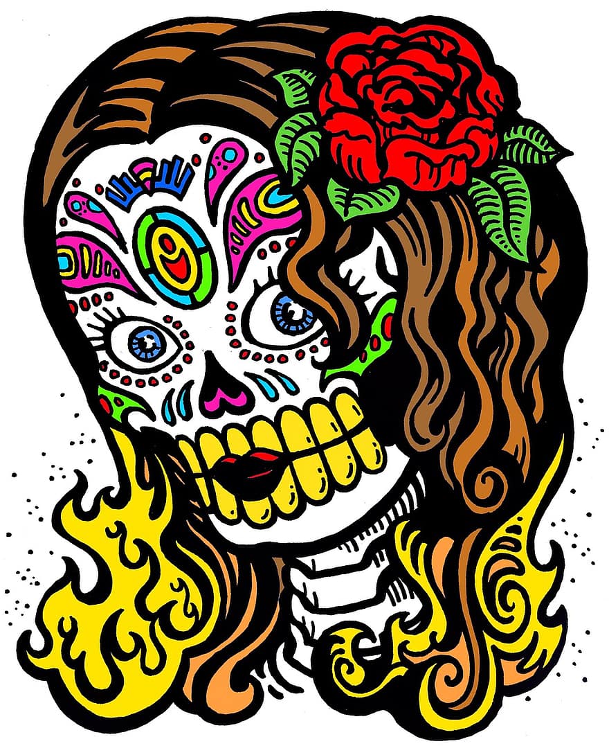 skalle, halloween, mönster, konst, tatuering, död, voodoo, symbol, firande, skelett, dekoration