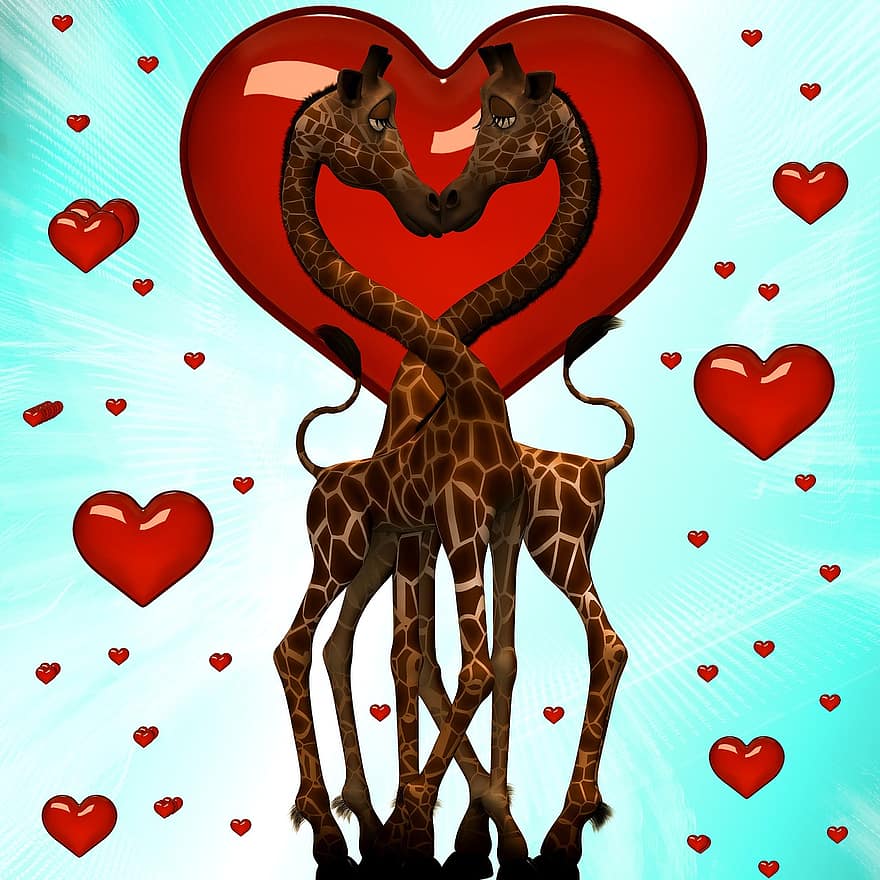 обичам, сърце, жираф, заедно, фоново изображение, връзка