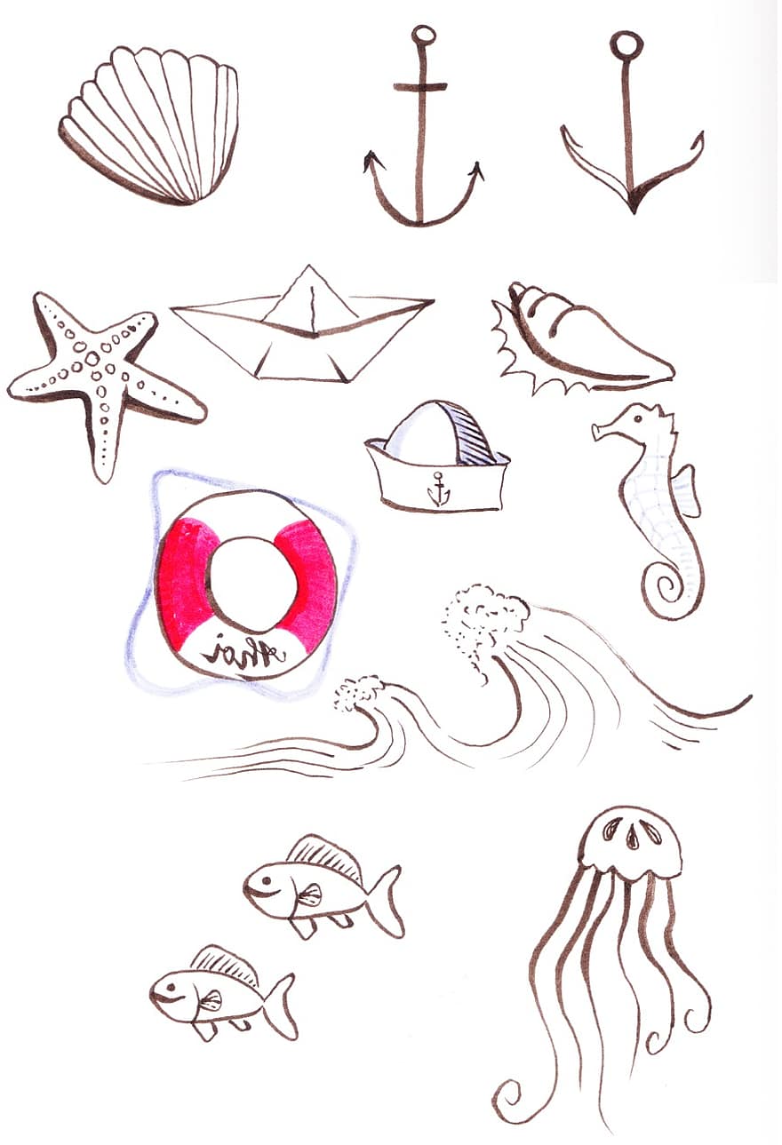 icon set, maritiem, zee, tekening, anker, schelp, zeester, vis, kwal, zeepaardje, reddingsgordel