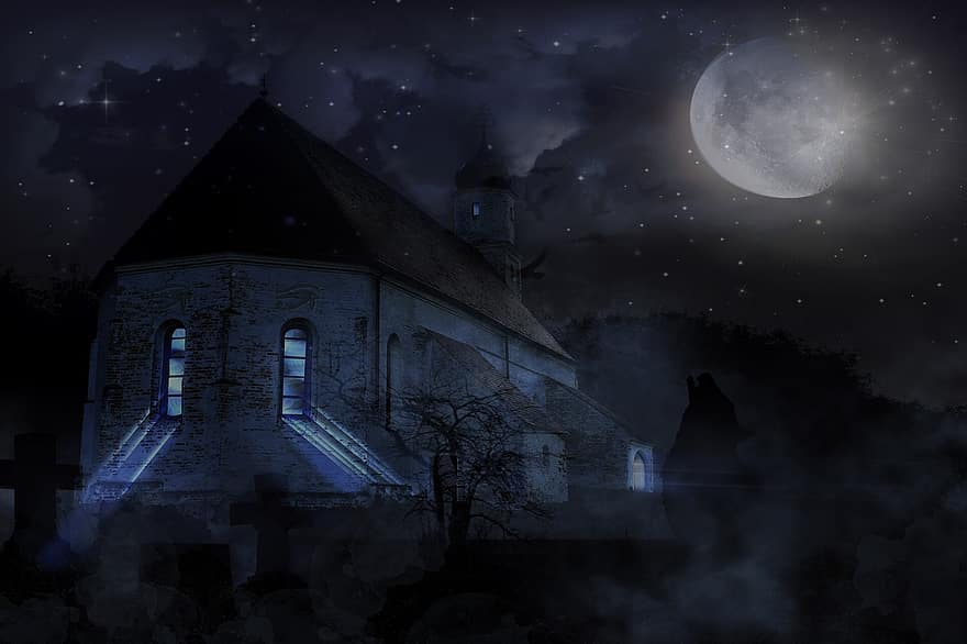 naktī, komponēšana, baznīca, ēka, mēness, kapsētas, tumšs, ciparu komponēšana, digitālā manipulācija, zils mēnes, zila ēka