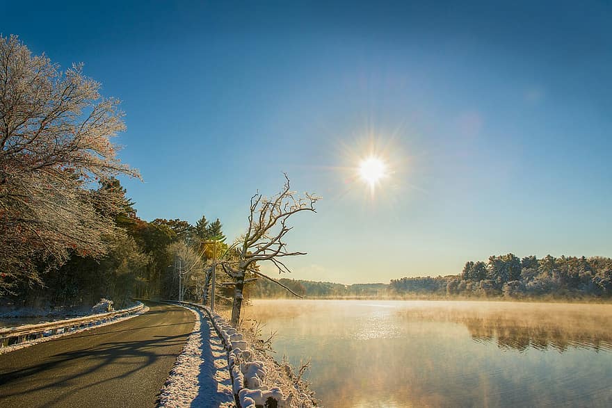 río, la carretera, nieve, reflexión, Dom, luz del sol, agua, paisaje, escénico, Southborough, Massachusetts