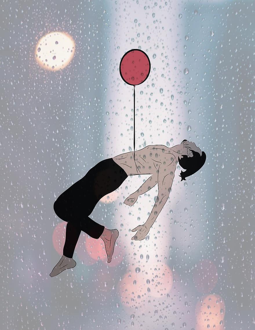 Mann, männlich, Ballon, fliegend, Fenster, Regen fällt, Tropfen, Glas