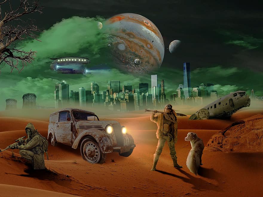 apokalipsa, Miasto, manipulacja zdjęciami, przestrzeń, planety, Budynki, pojazdy, pustynia, wojskowy, pies, kobieta