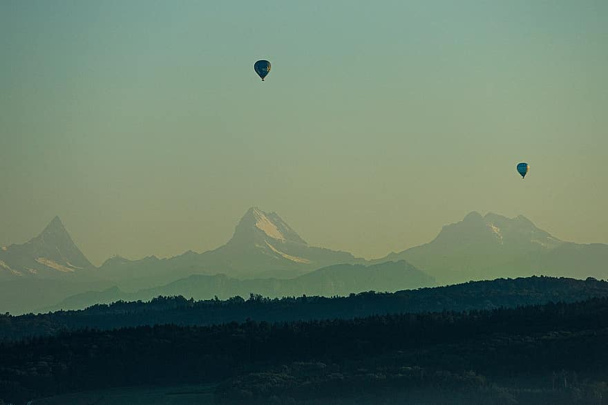 alpino, montanhas, cadeia de montanhas, balões, balões de ar quente, vôo, voar, Suíça, floresta