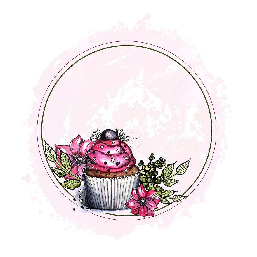 muffin, rajz, ábra, ünnep, desszert, édes, rózsaszín, logo, címke