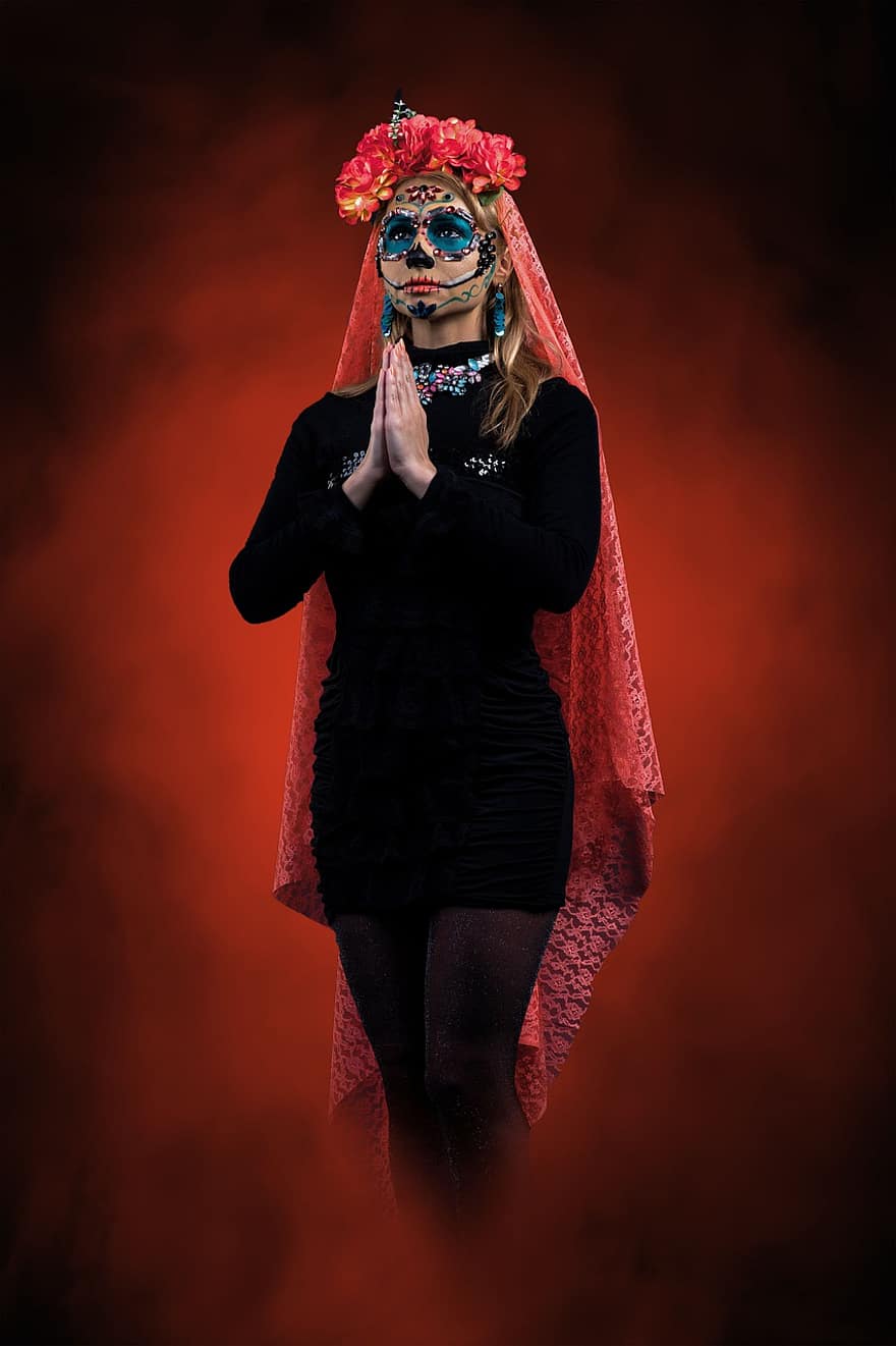 Day Of The Dead, Woman, Pray, Praying, Prayer, Halloween, Fantasy, Costume, Scary, Face Paint, Spooky