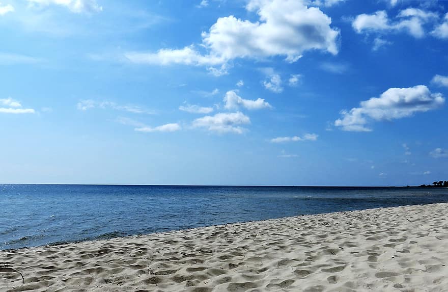 море, пясък, плаж, крайбрежие, Балтийско море, вода, небе, облаци, хоризонт, лято, почивки