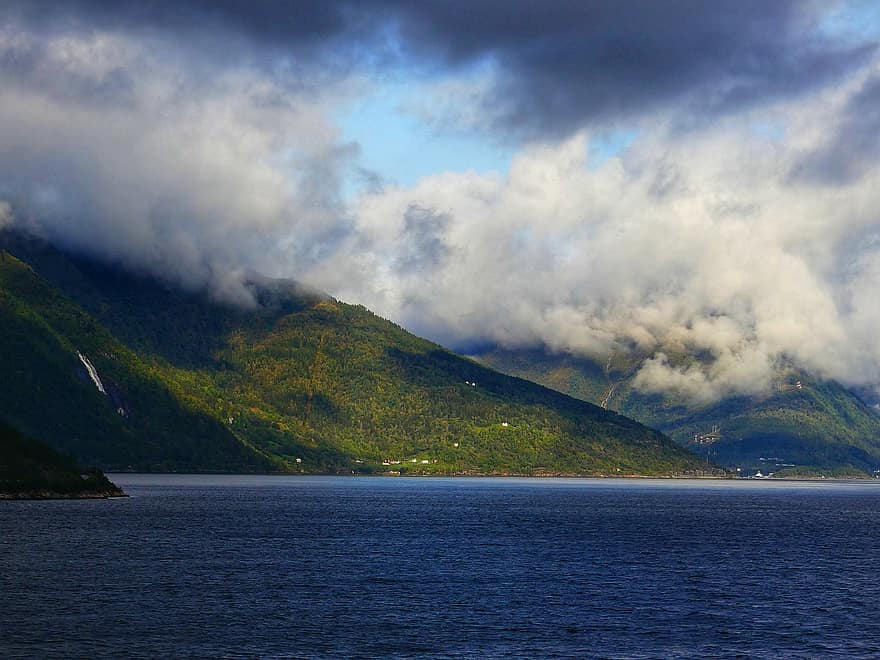 lago, naturaleza, viaje, exploración, montañas, nubes, fiordo