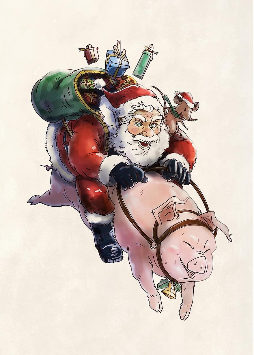 Noel Baba, domuz, fare, Noel, Hediyeler, sırt çantası, mutlu Noeller, mutlu, Santa, tatil, kış