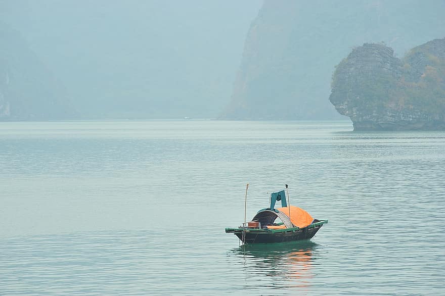 пристанище, лодка, залив, Халонг Бей, Виетнам, мъгла, транспорт, природа, мъглявина