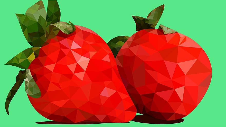 frukt, jordgubbar, polygonal, polygon, konstverk, geometrisk, trianglar, triangel, färgrik, röd, grön