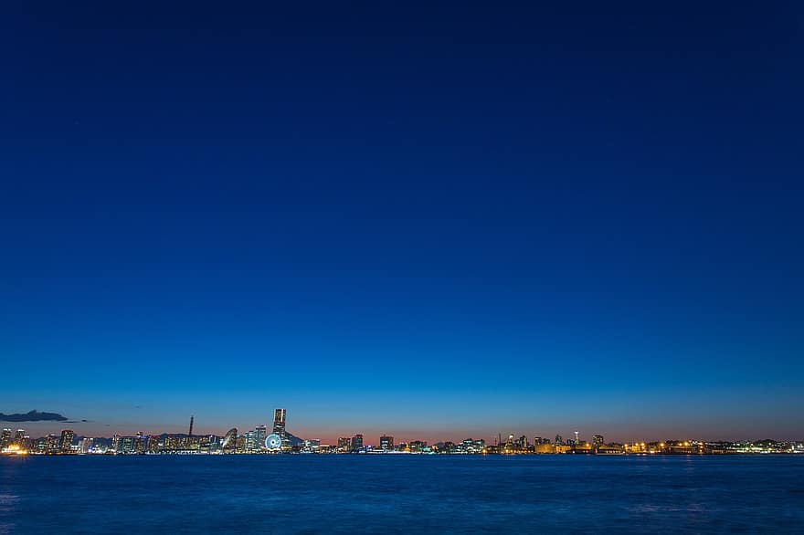 Yokohama, mar, visão noturna, noite, panorama, crepúsculo, azul, paisagem urbana, por do sol, agua, horizonte urbano