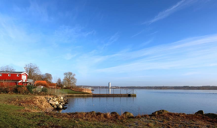 lago, Schlei, Alemania, Schleswig-Holstein, agua, verano, paisaje, azul, escena rural, otoño, granja