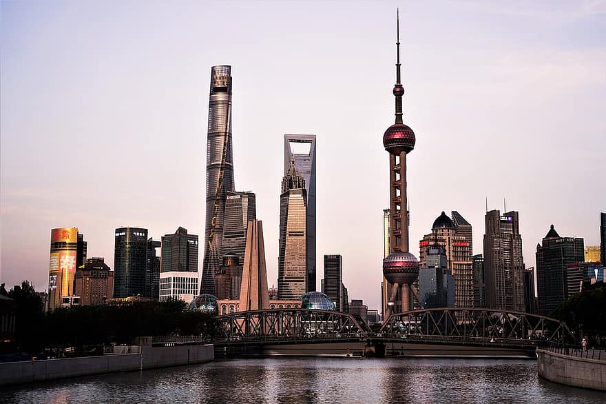 felhőkarcoló, épületek, láthatár, építészet, város, világváros, víz, városkép, panoráma, shanghai