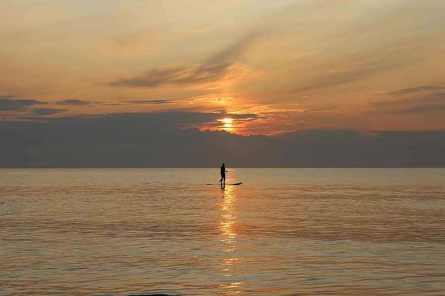 solnedgång, paddla, stå upp, paddling, Nordsjön, hav