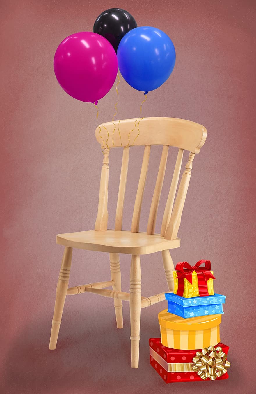 sedia, compleanno, sfondo, palloncini, i regali, posto a sedere, sedia di legno, Sedia di compleanno, Congratulazioni, bambini, bambino