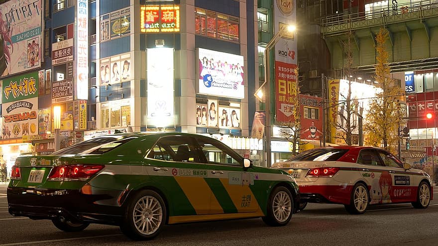 taxi, japan, gata, stad, transport, trafik, natt, bil, fart, stadsliv, upplyst