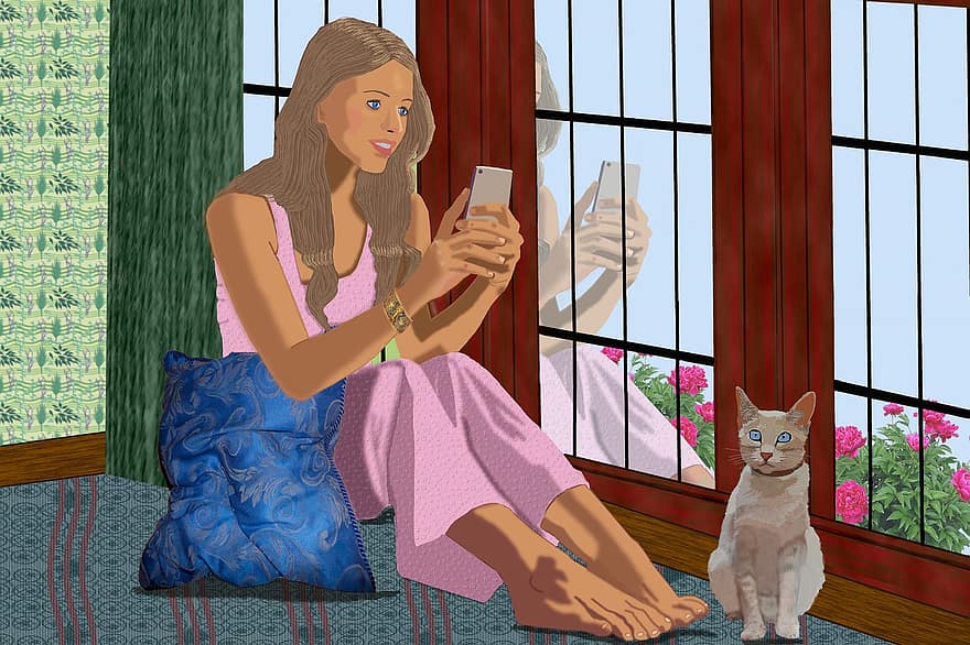 Kvinne mobiltelefon, katt, vinduer, refleksjon, innendørs, lykkelig