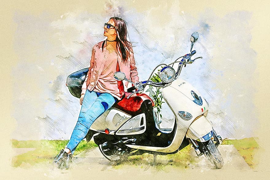 bicicleta, noia, scooter, vintage, femella, dona, motociclista femení, transport, vespa, moto, pintura