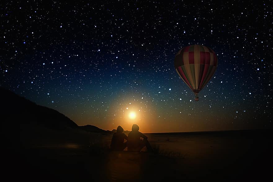 балон с горещ въздух, слънце, залез, персонален, седя, нощ, звезда, небе, пътуване с балон с горещ въздух, балон, облаци