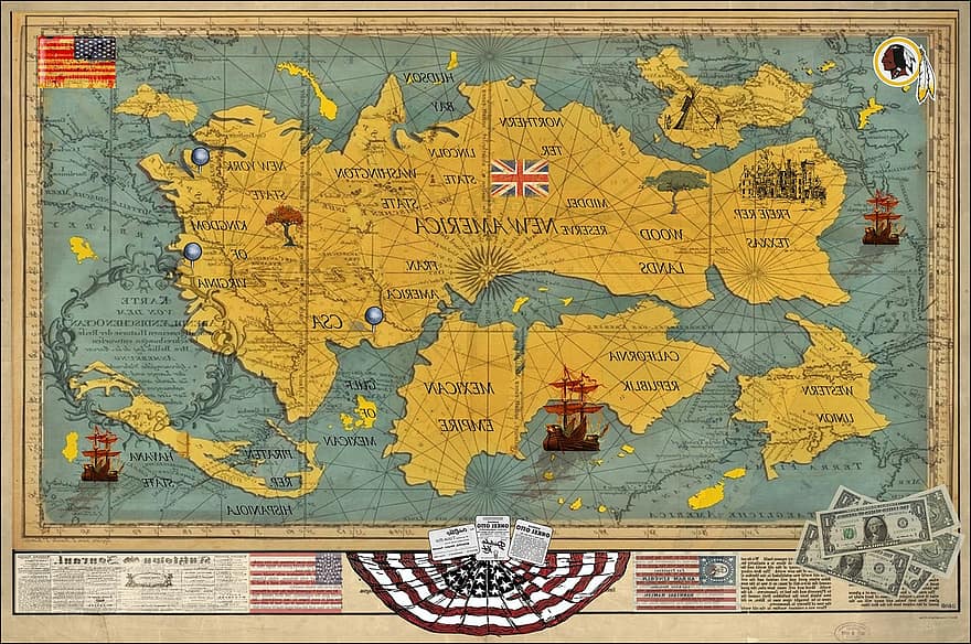 карта, карта на света, море, океан, континенти, острови, Америка, фантазия, картография, стар, илюстрация