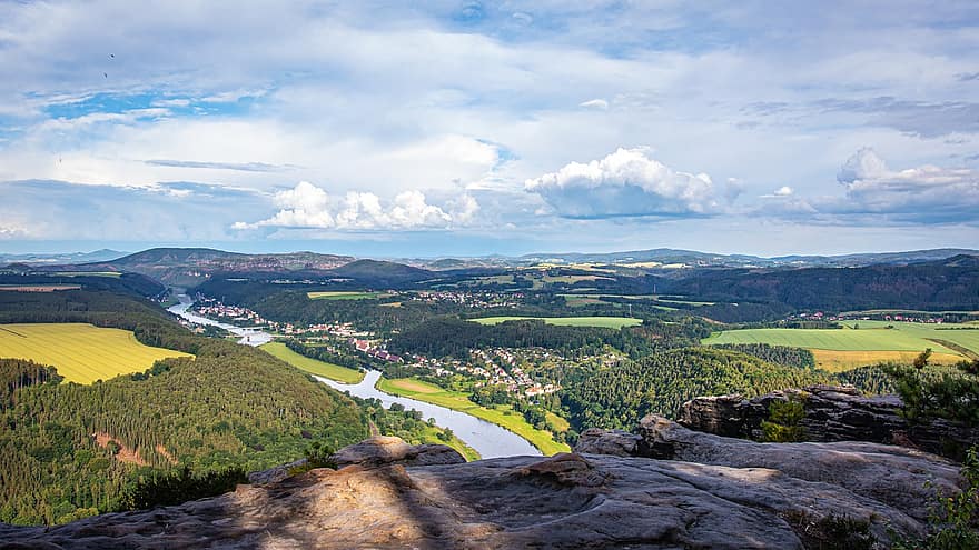 Saxônia, panorama, montanhas de arenito do Elba, Alemanha, natureza, céu, Rocha, floresta, Elba, perspectiva, Visão