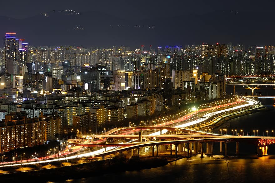 seoul, stad, flod, natt, korea, lampor, bro, väg, motorväg, byggnader, stadsbild